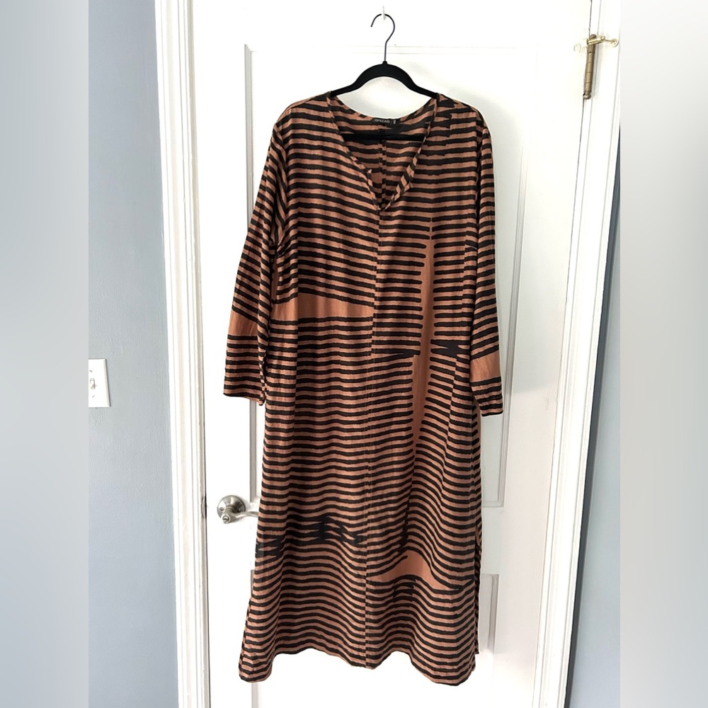 GRIZAS Kaftan Artsy Lagenlook Dress Black & Brown Stripe Silk & Cotton 1x 2x